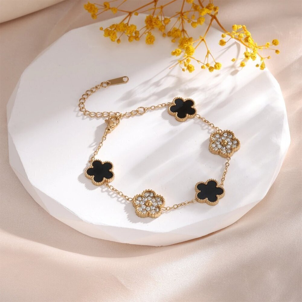 Gold-Toned Stainless Steel Black & Stones Flower Motif Bracelet